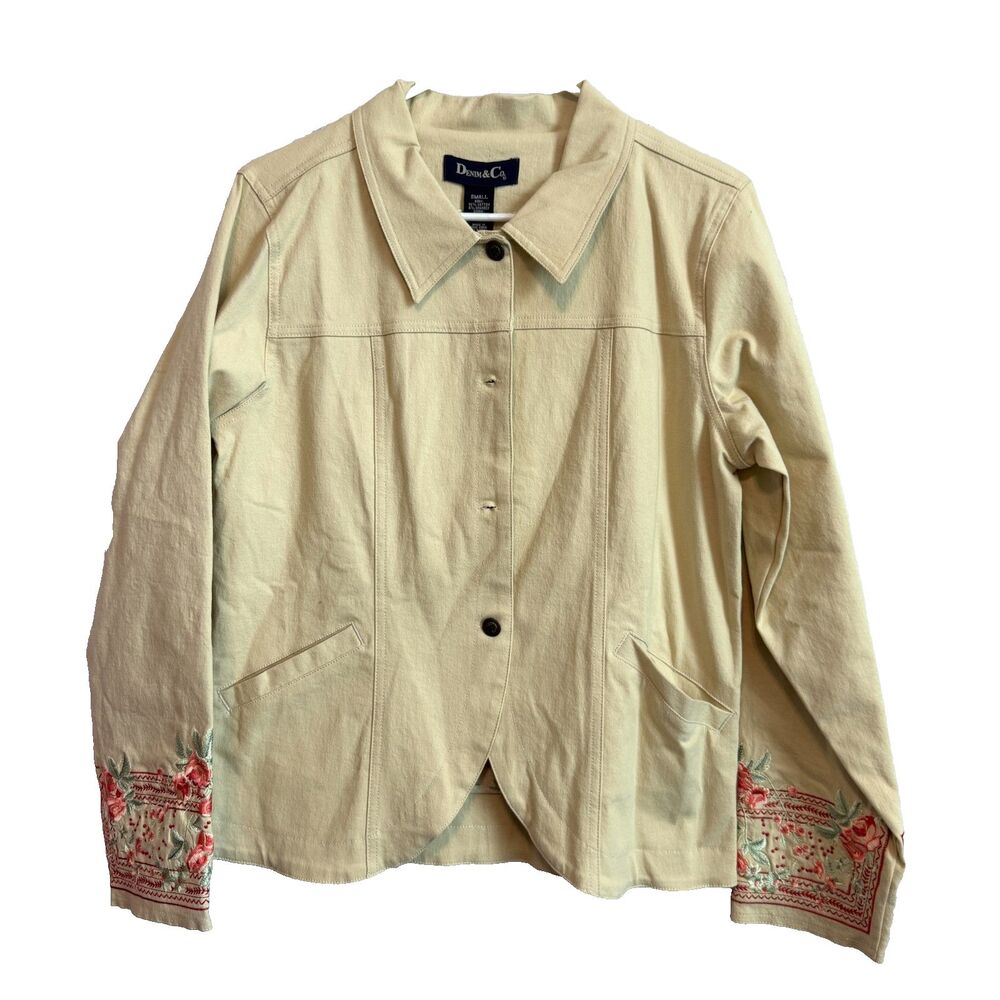 Denim & Co. Tan Jacket Size S Floral Embroidered Cuffs Lined Cottagecore Shacket